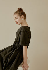 Relaxed Fit Linen Dress with Gathered Waist and Short Sleeves for Effortless Modern Style