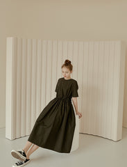 Relaxed Fit Linen Dress with Gathered Waist and Short Sleeves for Effortless Modern Style