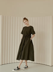 Relaxed Fit Linen Dress with Gathered Waist and Short Sleeves for Effortless Modern Style