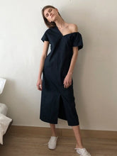Asymmetric One-Shoulder Linen Midi Dress With Structured Drape And Modern Tailored Silhouette