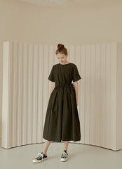 Relaxed Fit Linen Dress with Gathered Waist and Short Sleeves for Effortless Modern Style