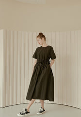 Relaxed Fit Linen Dress with Gathered Waist and Short Sleeves for Effortless Modern Style