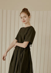 Relaxed Fit Linen Dress with Gathered Waist and Short Sleeves for Effortless Modern Style