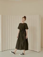 Relaxed Fit Linen Dress with Gathered Waist and Short Sleeves for Effortless Modern Style