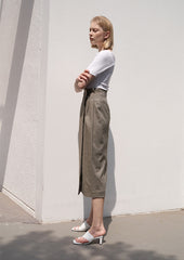 High-Waisted Button Detail Wrap Linen Skirt with Back Vent – Elegant Midi Length Design