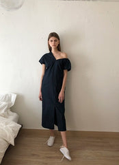 Asymmetric One-Shoulder Linen Midi Dress With Structured Drape And Modern Tailored Silhouette