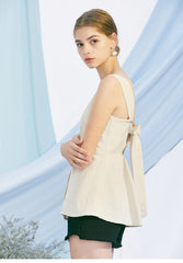 Sleeveless Button-Front Linen Top for Women with Back Bow Detail and Flattering Fit