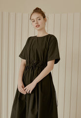 Relaxed Fit Linen Dress with Gathered Waist and Short Sleeves for Effortless Modern Style