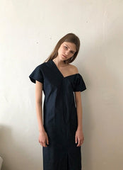 Asymmetric One-Shoulder Linen Midi Dress With Structured Drape And Modern Tailored Silhouette