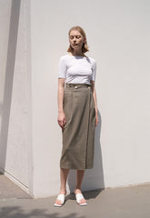 High-Waisted Button Detail Wrap Linen Skirt with Back Vent – Elegant Midi Length Design