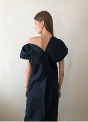 Asymmetric One-Shoulder Linen Midi Dress With Structured Drape And Modern Tailored Silhouette