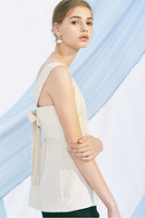 Sleeveless Button-Front Linen Top for Women with Back Bow Detail and Flattering Fit