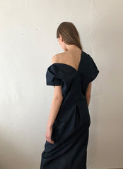 Asymmetric One-Shoulder Linen Midi Dress With Structured Drape And Modern Tailored Silhouette