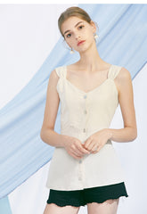 Sleeveless Button-Front Linen Top for Women with Back Bow Detail and Flattering Fit