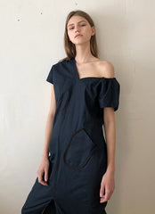 Asymmetric One-Shoulder Linen Midi Dress With Structured Drape And Modern Tailored Silhouette