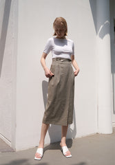 High-Waisted Button Detail Wrap Linen Skirt with Back Vent – Elegant Midi Length Design