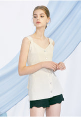 Sleeveless Button-Front Linen Top for Women with Back Bow Detail and Flattering Fit
