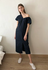 Asymmetric One-Shoulder Linen Midi Dress With Structured Drape And Modern Tailored Silhouette