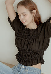 Smocked Linen Puff Sleeve Top With Ruffle Hem and Square Neckline for Elegant Casual Style