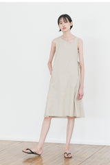 Asymmetric Neckline Sleeveless A-Line Midi Dress in Breathable Natural Linen Fabric