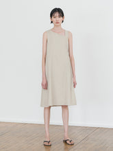 Asymmetric Neckline Sleeveless A-Line Midi Dress in Breathable Natural Linen Fabric