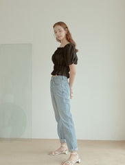 Smocked Linen Puff Sleeve Top With Ruffle Hem and Square Neckline for Elegant Casual Style