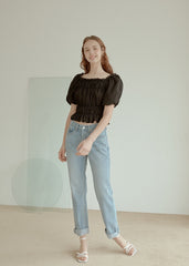 Smocked Linen Puff Sleeve Top With Ruffle Hem and Square Neckline for Elegant Casual Style