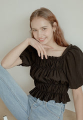 Smocked Linen Puff Sleeve Top With Ruffle Hem and Square Neckline for Elegant Casual Style