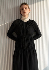 Long-Sleeve Midi Dress in Soft Linen with Gathered Bodice and Flattering Silhouette Design