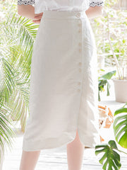 High-Waisted Button-Front Linen Midi Skirt with Soft Drape and Side Slit Detail