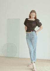 Smocked Linen Puff Sleeve Top With Ruffle Hem and Square Neckline for Elegant Casual Style