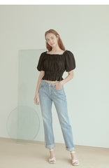 Smocked Linen Puff Sleeve Top With Ruffle Hem and Square Neckline for Elegant Casual Style