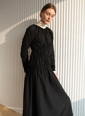 Long-Sleeve Midi Dress in Soft Linen with Gathered Bodice and Flattering Silhouette Design