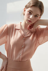Silk Button-Down Shirt with Lapel Collar and Sheer Draping Texture for Effortless Chic Style