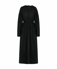 Long-Sleeve Midi Dress in Soft Linen with Gathered Bodice and Flattering Silhouette Design