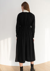 Long-Sleeve Midi Dress in Soft Linen with Gathered Bodice and Flattering Silhouette Design