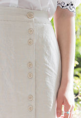 High-Waisted Button-Front Linen Midi Skirt with Soft Drape and Side Slit Detail