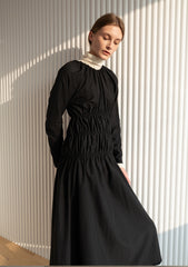 Long-Sleeve Midi Dress in Soft Linen with Gathered Bodice and Flattering Silhouette Design
