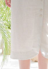 High-Waisted Button-Front Linen Midi Skirt with Soft Drape and Side Slit Detail
