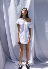Asymmetrical One-Shoulder Linen Dress with Puff Sleeve and Sculpted Silhouette