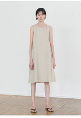 Asymmetric Neckline Sleeveless A-Line Midi Dress in Breathable Natural Linen Fabric