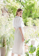 High-Waisted Button-Front Linen Midi Skirt with Soft Drape and Side Slit Detail