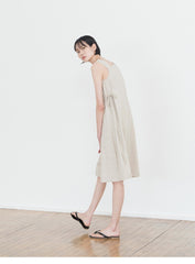 Asymmetric Neckline Sleeveless A-Line Midi Dress in Breathable Natural Linen Fabric