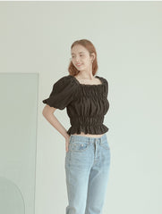 Smocked Linen Puff Sleeve Top With Ruffle Hem and Square Neckline for Elegant Casual Style