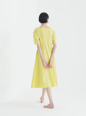 Elegant A-line Linen Midi Dress with Square Neckline and Short Puff Sleeves for Women