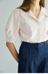 Short Sleeve Linen Blouse with Notched Collar and Soft Puff Sleeves for Feminine Elegance