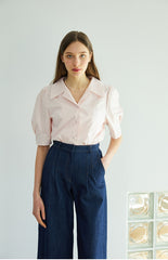 Short Sleeve Linen Blouse with Notched Collar and Soft Puff Sleeves for Feminine Elegance
