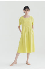Elegant A-line Linen Midi Dress with Square Neckline and Short Puff Sleeves for Women