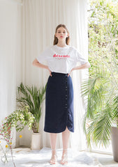High-Waisted Linen Midi Skirt with Side Button Closure and Clean Tailored Silhouette