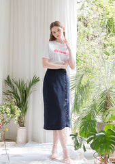 High-Waisted Linen Midi Skirt with Side Button Closure and Clean Tailored Silhouette